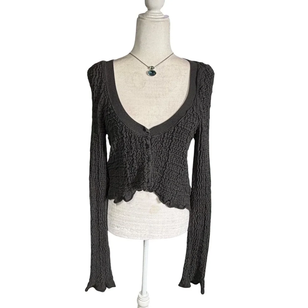 Free People Small Cropped Textured Cardigan Charcoal Gray Boho Button Front